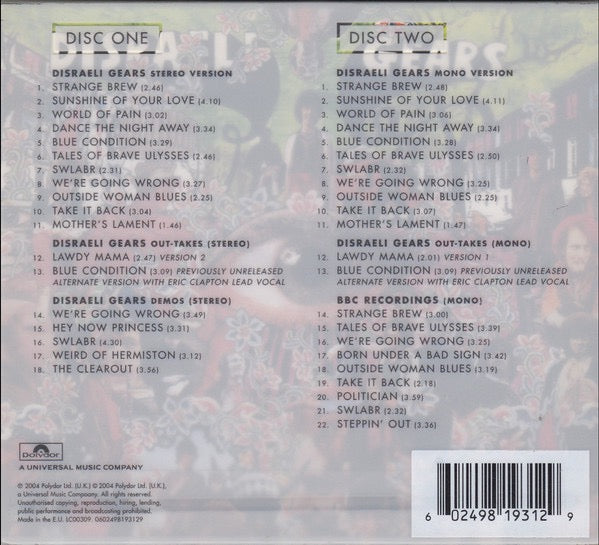 Image of Back Cover of 2xCD - VG+/VG+ - CREAM, Disraeli Gears (Polydor  ; 0602498193129, Europe 2004 Reissue, Digipak In Slipcase, Booklet, Deluxe Edition), ,  - 3216384C