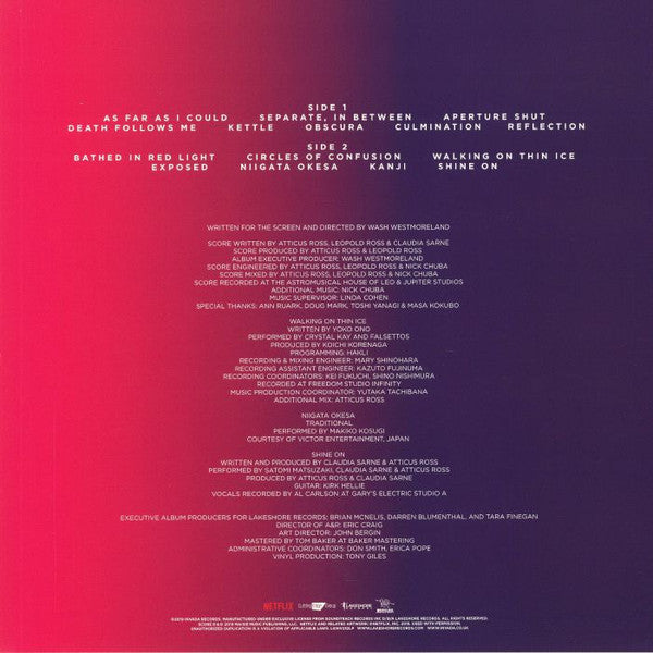 Image of Back Cover of LP - EX/EX - ATTICUS ROSS, LEOPOLD ROSS & CLAUDIA SARNE, Earthquake Bird (Original Music From The Netflix Film) (Lakeshore Records ; LSINV232LP, Europe 2019, Fluorescent Pink Vinyl), ,  - 1446095S