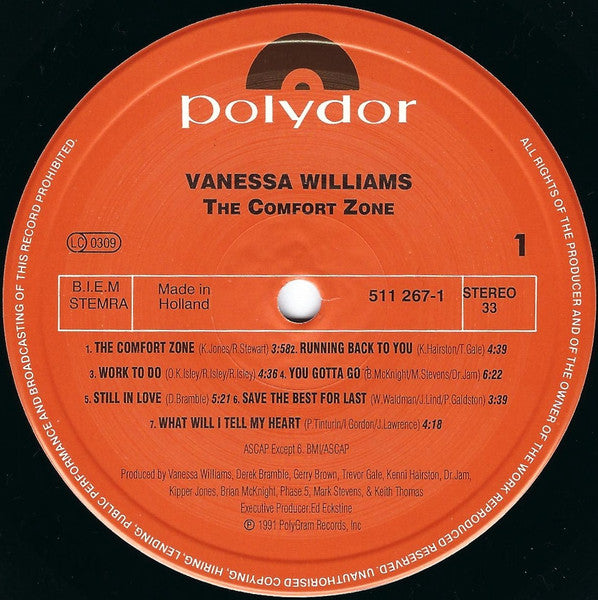 Image of Label Cover of LP - G+/VG - VANESSA WILLIAMS, The Comfort Zone (Polydor Red Label; 511 267-1, Europe 1991), Edge wear and tear on front of outer sleeve.,  - 2526310E