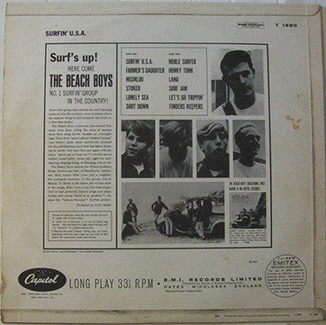 Image of Back Cover of LP - VG/G - THE BEACH BOYS, Surfin' USA (Capitol Colorband; T 1890, UK 1963, Laminated Flipback Sleeve, Mono), ,  - 2316082C