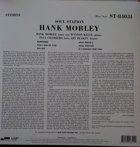 Image of Back Cover of LP - VG/VG+ - HANK MOBLEY, Soul Station (Blue Note  ; 0746554, Worldwide 2021 Reissue, 180 Gram Vinyl), ,  - 2216289C