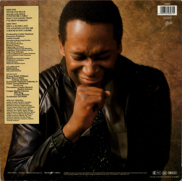 Image of Back Cover of LP - VG+/VG+ - LUTHER VANDROSS, Never Too Much (Epic (White & Blue Labels); EPC 32807, UK 1986 Reissue, Inner), ,  - S