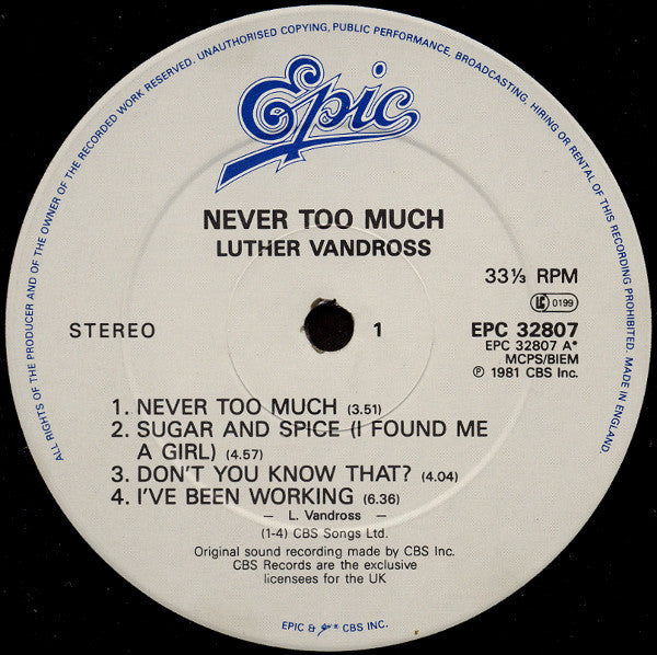Image of Label Cover of LP - VG+/VG+ - LUTHER VANDROSS, Never Too Much (Epic (White & Blue Labels); EPC 32807, UK 1986 Reissue, Inner), ,  - S