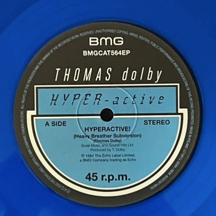 Image of Label of 4933063E: 12" - THOMAS DOLBY, Hyperactive (RSD 2022) (BMG; 4050538748000, Europe 2022 Reissue, Record Store Day 2022, Transparent Blue Vinyl)   NEW/NEW