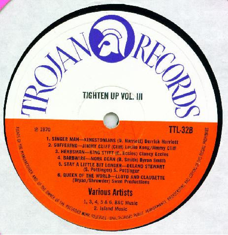 Image of Label Cover of LP - VG/G+ - VARIOUS ARTISTS, Tighten Up Volume 3 (Trojan Records; TTL 32, UK 1970, Laminated Die Cut Sleeve, Poster, '15/6' Price Sticker), Marks on vinyl (more so on b side) but dont' affect play. Wear to sleeve with ringwear., A1 - The Maytals Monkey ManA2 - The Upsetters Shocks Of A MightyA3 - Ken Boothe Freedom StreetA4 - Dandy Raining In My HeartA5 - G. G. All Stars Man From CarolinaA6 - Jo Jo Bennett Leaving RomeB1 - The Kingstonians Singer ManB2 - Jimmy Cliff Suffering