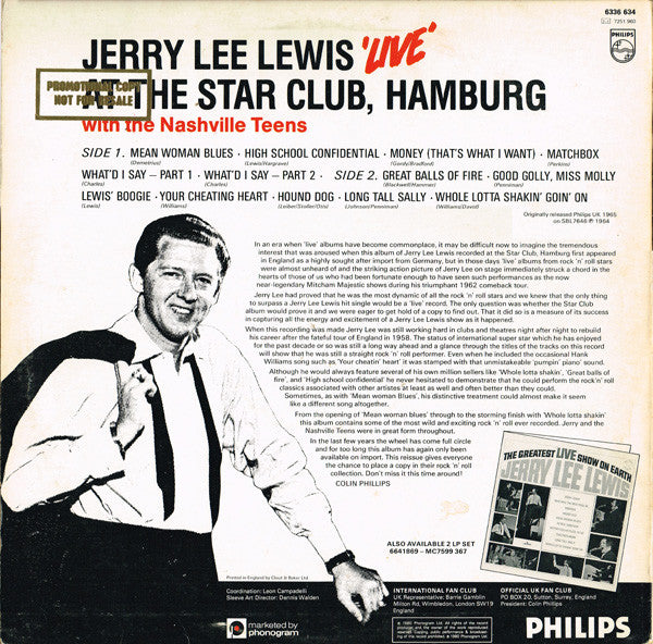 Image of Back Cover of LP - VG/EX - JERRY LEE LEWIS AND THE NASHVILLE TEENS, "Live" At The Star-Club, Hamburg (Philips ; 6336 634, UK 1980 Reissue), Edge Wear,  - 0846228S