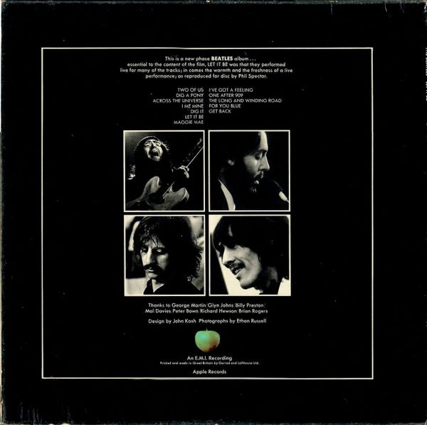 Image of Back Cover of 0225182E: LP - THE BEATLES, Let It Be (Apple; PCS7096, UK 1970 Reissue, Green Apple Logo on Rear Sleeve, Fully Laminated, Lamination Ending Just Short of Sleeve Opening on Both Sides , Matrix -3U, -3U) Strong VG  VG+/VG