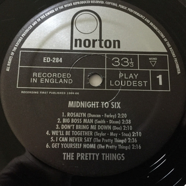 Image of Label Cover of LP - VG+/EX - THE PRETTY THINGS, Midnight To Six (Norton Records; ED-284, US 2000, Gatefold, 180 Gram Vinyl. Mono.), ,  - 3526339E