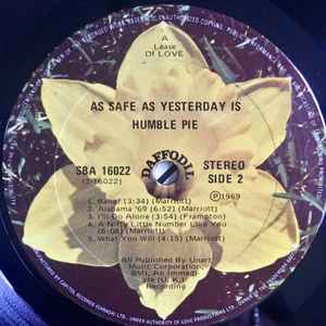 Image of Label Cover of LP - G+/VG+ - HUMBLE PIE, As Safe As Yesterday Is (Daffodil Records ; SBA 16022, Canada 1973 Reissue, Mirrorboard Pasteback Sleeve, Inner), Sleeve Scuffed, ring wear,  - 3546218S