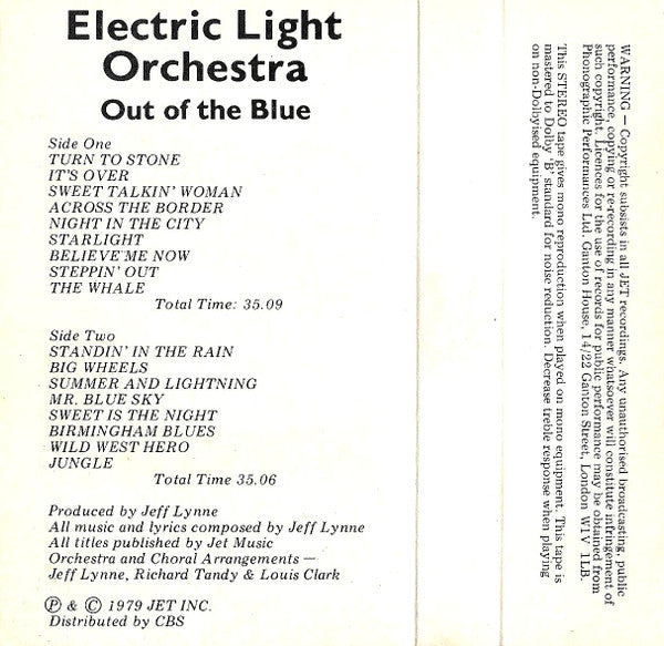 Image of Back Cover of Cassette - VG+/VG+ - ELO - THE ELECTRIC LIGHT ORCHESTRA, Out Of The Blue (Jet Records ; JETCD 400, UK ), ,  - 2736019E