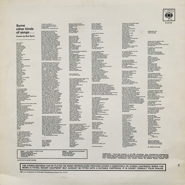 Image of Back Cover of LP - VG/VG - BOB DYLAN, Another Side Of Bob Dylan (CBS Sunburst Label; SBPG 62429, UK 1970s Reissue), Strong VG,  - 1516496C