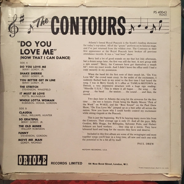 Image of Back Cover of 4324269E: LP - THE CONTOURS, Do You Love Me (Now That I Can Dance) (Oriole ; PS 40043, UK 1963, Laminated Flipback Sleeve, Mono) Crease in lamination bottom right, and a couple negligible creases,tiniest indent sleeve opening, foxing to rear. Still a gorgeous looking sleeve, strongest VG. Record a sublime strong VG+. Really awesome copy of this.  VG/VG+