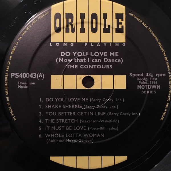 Image of Label Cover of 4324269E: LP - THE CONTOURS, Do You Love Me (Now That I Can Dance) (Oriole ; PS 40043, UK 1963, Laminated Flipback Sleeve, Mono) Crease in lamination bottom right, and a couple negligible creases,tiniest indent sleeve opening, foxing to rear. Still a gorgeous looking sleeve, strongest VG. Record a sublime strong VG+. Really awesome copy of this.  VG/VG+