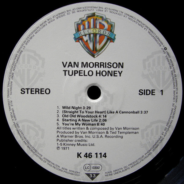 Image of Label Cover of 204465S: LP - VAN MORRISON, Tupelo Honey (WB Tan; K46114, Germany 1978 Reissue, Gatefold, No Rights Box on Label) Sticker Damage To Sleeve  VG/VG+