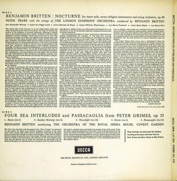 Image of Back Cover of 2525053E: LP - PETER PEARS, THE LONDON SYMPHONY ORCHESTRA, BENJAMIN BRITTEN, Britten: Nocturne/ Four Sea Interludes and Passacaglia (Decca Black Unboxed Wideband - Original Recording at 11 O'Clock - Grooved ED1; SXL 2189, UK 1960, Laminated Flipback Sleeve, Insert) Strong VG  VG+/VG