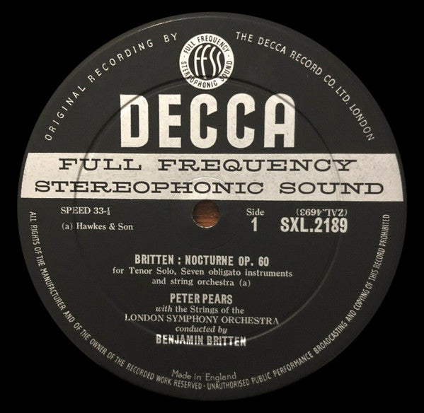 Image of Label Cover of 2525053E: LP - PETER PEARS, THE LONDON SYMPHONY ORCHESTRA, BENJAMIN BRITTEN, Britten: Nocturne/ Four Sea Interludes and Passacaglia (Decca Black Unboxed Wideband - Original Recording at 11 O'Clock - Grooved ED1; SXL 2189, UK 1960, Laminated Flipback Sleeve, Insert) Strong VG  VG+/VG