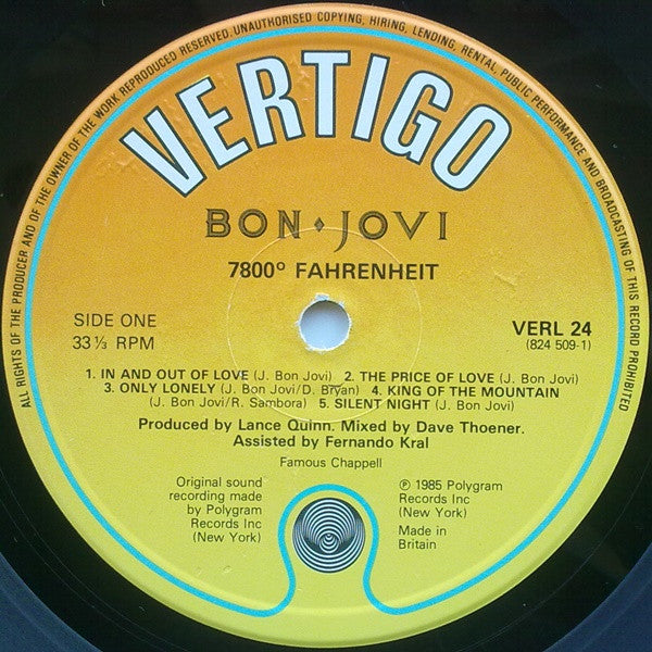 Image of Label Cover of 3614110C: LP - BON JOVI, 7800  Fahrenheit (Vertigo ; VERL 24, UK 1985, Inner) Hairlines, Ring wear  VG/VG