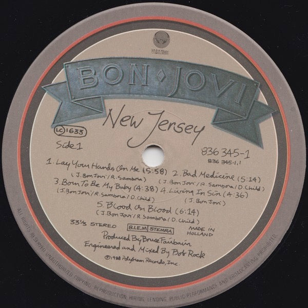 Image of Label Cover of LP - VG+/VG - BON JOVI, New Jersey (Vertigo ; 836 345-1, Europe 1988, Inner, "New Jersey" Printed Above Center Hole.), ,  - 2326236E
