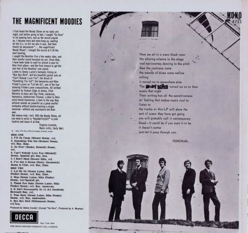 Image of Back Cover of LP - VG/G+ - THE MOODY BLUES, Magnificent Moodies (Decca Red Unboxed; LK 4711, UK 1965, Laminated Sleeve, Mono - 1st Issue), Little light marks and hairlines, Rear sleeve a little aged but nicely intact, Small nick to sleeve opening and spot of laminate bubbling. ,  - 3416327C