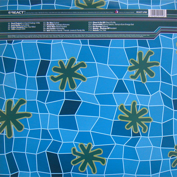 Image of Back Cover of 3xLP - G+/G+ - VARIOUS, Reactivate 11 (Stinger Beats & Techno Rays) (React ; REACT LP88, UK 1996, Picture Sleeve), Sides A/B and E/F have had their labels on both sides painted over entirely, side D label has a lot of blue marker pen on it.  Discs have lots of light marks and hairlines, D/C is in best condition. Sleeve is battered and creased.,  - 1716386C