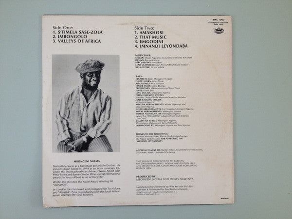 Image of Back Cover of LP - VG/VG+ - MBONGENI NGEMA, S'timela Sase-zola (Soul Brothers Records ; MXC 1000, South Africa 1985, Picture Sleeve), Sleeve shows general signs of age, disc has barely any marks, close to NM,  - 4126459E
