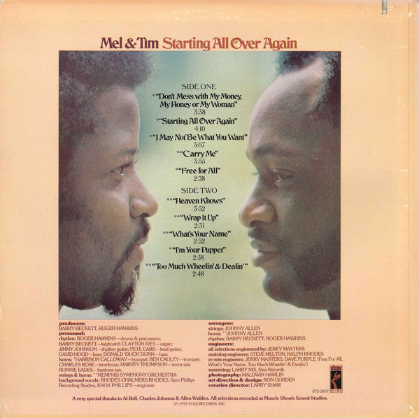 Image of Back Cover of LP - VG/VG - MEL & TIM, Starting All Over Again (Stax ; STS-3007, US 1972, Pasteback Sleeve), ,  - 2316289C