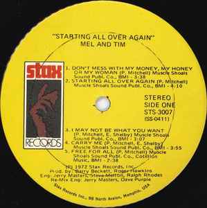 Image of Label Cover of LP - VG/VG - MEL & TIM, Starting All Over Again (Stax ; STS-3007, US 1972, Pasteback Sleeve), ,  - 2316289C