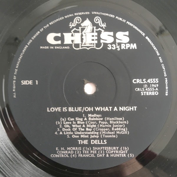 Image of Label Cover of LP - VG/VG - THE DELLS, Love Is Blue / Oh What A Night (Chess ; CRLS.4555, UK 1969, Laminated Front Sleeve), Surface tear to sleeve reverse. Disc is a strong VG.,  - 3916273C