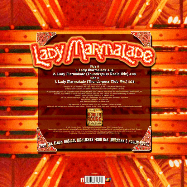 Image of Back Cover of 12" - VG+/VG+ - CHRISTINA AGUILERA, LIL' KIM, MYA & P!NK, Lady Marmalade (Interscope Records; 497 561-1, Europe 2001, Picture Sleeve), ,  - 4016346C