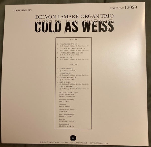 Image of Back Cover of LP - VG+/VG+ - DELVON LAMARR ORGAN TRIO, Cold As Weiss (Colemine Records ; CLMN-12029, US 2022, Gatefold, Limited Edition, Blue [Clearwater Blue] Vinyl), ,  - 1416585C
