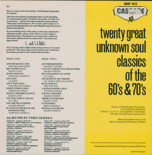 Image of Back Cover of LP - VG/VG+ - VARIOUS, 20 Great Unknown Soul Classics Of The 60's & 70's (Cascade Records  ; DROP 1013, UK 1986, Picture Sleeve), light edge wear to sleeve,  - 3146034S