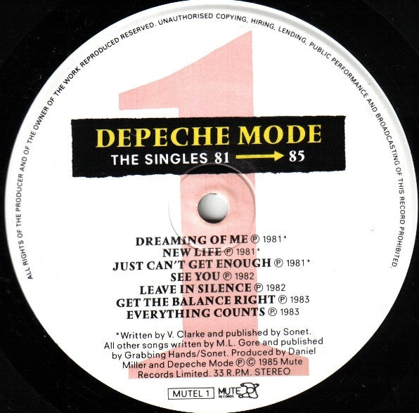 Image of Label Cover of LP - VG/VG - DEPECHE MODE, The Singles 81   85 (Mute ; MUTEL 1, UK 1985, Gatefold, Inner), ,  - 3926382E