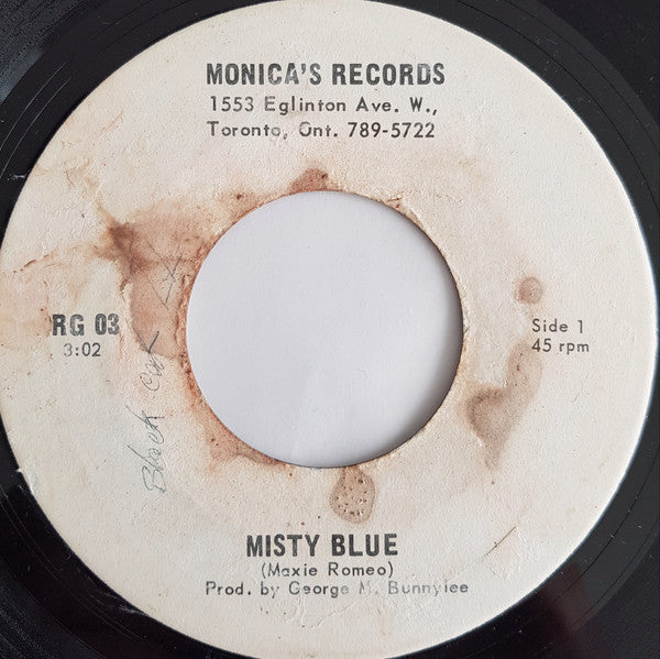 Image of Front Cover of 0355225S: 7" - MAX ROMEO, Misty Blue / Misty Blue (Version) (Monica's Records ; RG 03, Canada 1970s) Writing On Label  /VG