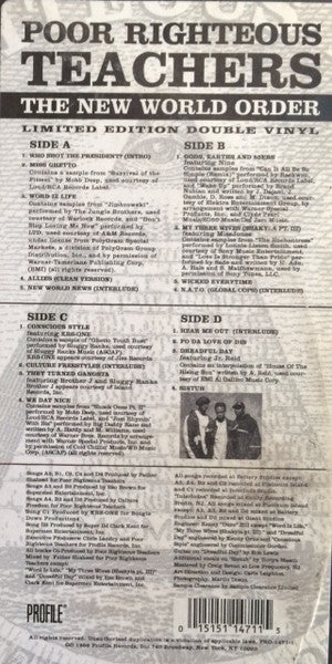 Image of Back Cover of 2xLP - G+/G - POOR RIGHTEOUS TEACHERS, The New World Order (Profile Records  ; PRO-1471-1, US 1996, Stickered Plain Sleeve, Limited Edition), Many marks on the record. WOL. Heavy edgewear, ringwear, creases.,  - 4226355E