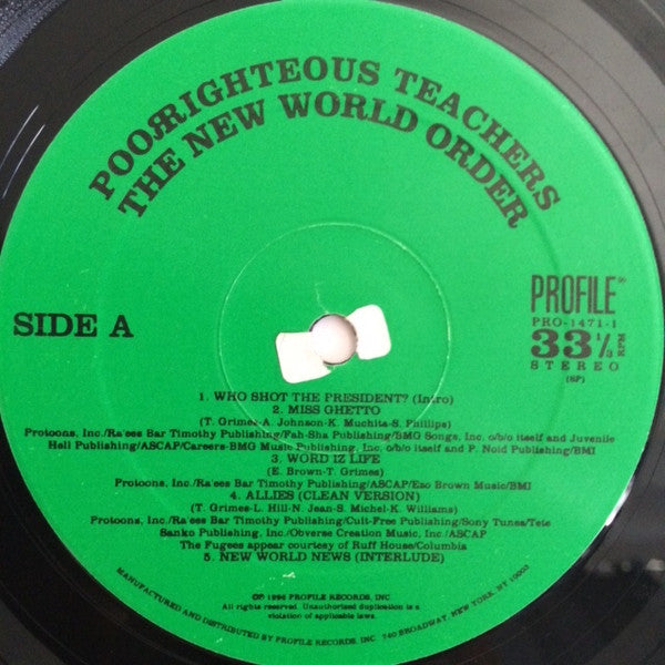 Image of Label Cover of 2xLP - G+/G - POOR RIGHTEOUS TEACHERS, The New World Order (Profile Records  ; PRO-1471-1, US 1996, Stickered Plain Sleeve, Limited Edition), Many marks on the record. WOL. Heavy edgewear, ringwear, creases.,  - 4226355E
