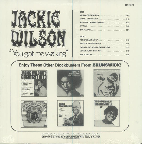 Image of Back Cover of LP - EX/EX - JACKIE WILSON, 'You Got Me Walking' (Brunswick ; BL 754172, US 1971, Pasteback Sleeve), Sleeve still in shrinkwrap (opened). Corner 'cut out'.,  - 4246169S