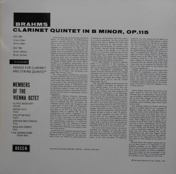 Image of Back Cover of 3524368E: LP - MEMBERS OF THE VIENNA OCTET, Brahms: Clarinet Quintet / Wagner: Adagio For Clarinet And String Quartet (Decca ; SXL 2297, Germany , Laminated Front Sleeve)   VG+/VG+