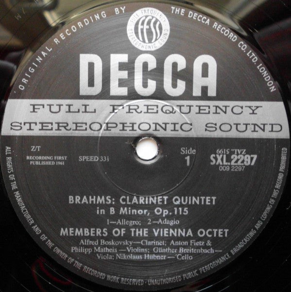 Image of Label of 3524368E: LP - MEMBERS OF THE VIENNA OCTET, Brahms: Clarinet Quintet / Wagner: Adagio For Clarinet And String Quartet (Decca ; SXL 2297, Germany , Laminated Front Sleeve)   VG+/VG+