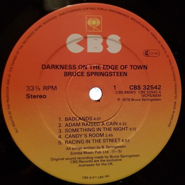 Image of Back Cover of LP - VG+/VG - BRUCE SPRINGSTEEN, Darkness On The Edge Of Town (CBS Orange/Yellow; CBS 32542, UK 1980s Reissue, Inner & Insert, 33rpm on right of label. (CBS 86061) On Side 1 Label Only), ,  - 3116200C
