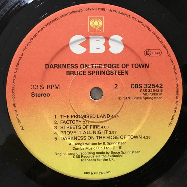 Image of Label Cover of LP - VG+/VG - BRUCE SPRINGSTEEN, Darkness On The Edge Of Town (CBS Orange/Yellow; CBS 32542, UK 1980s Reissue, Inner & Insert, 33rpm on right of label. (CBS 86061) On Side 1 Label Only), ,  - 3116200C