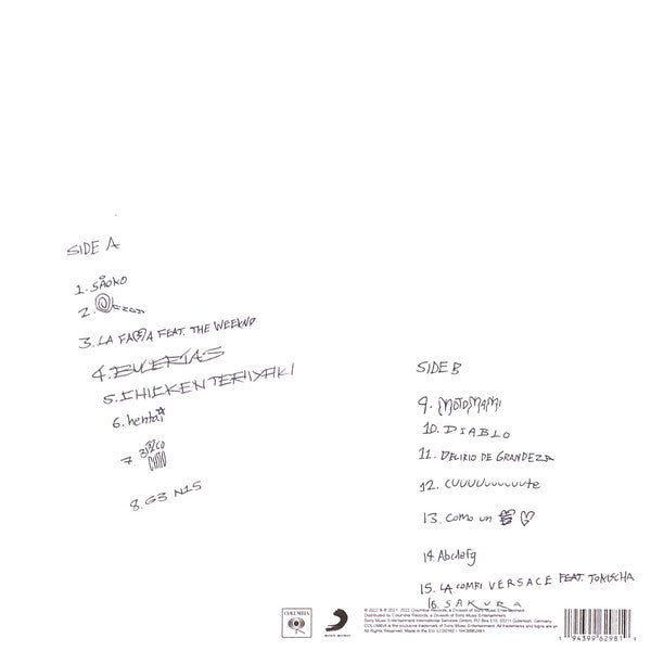 Image of Back Cover of LP - NEW/NEW - ROSAL A, Motomami (Columbia; 19439994951, Europe 2022, Gatefold, Booklet, Poster, Red Vinyl), , Motomami is the third studio album by Spanish singer-songwriter Rosal a. Presented as conceptual, experimental and "her most personal and confessional album so far". The album features the previously released songs  LA FAMA,   SAOKO,  and much, much more.  LA FAMA  (feat. The Weeknd), is a powerful and cautionary song that finds Rosal a and The Weeknd singing to each other in
