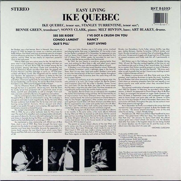 Image of Back Cover of LP - G+/VG - IKE QUEBEC, Easy Living (Blue Note; BST 84103, US 1987), Old stickers and writing on sleeve.,  - 2946196S