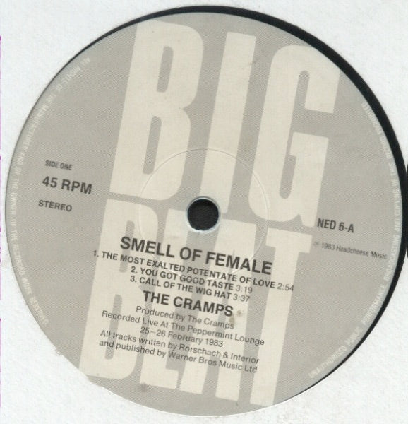 Image of Label Cover of Mini-LP - VG+/VG+ - THE CRAMPS, Smell Of Female (Big Beat; NED 6, UK 1983, B-side center label embossed bass clef symbol), ,  - 3816591C
