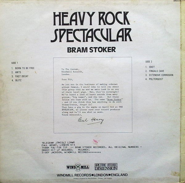 Image of Back Cover of 0526373E: LP - BRAM STOKER, Heavy Rock Spectacular (Windmill; WMD 117, UK 1972, Laminated Front Sleeve)   VG/VG