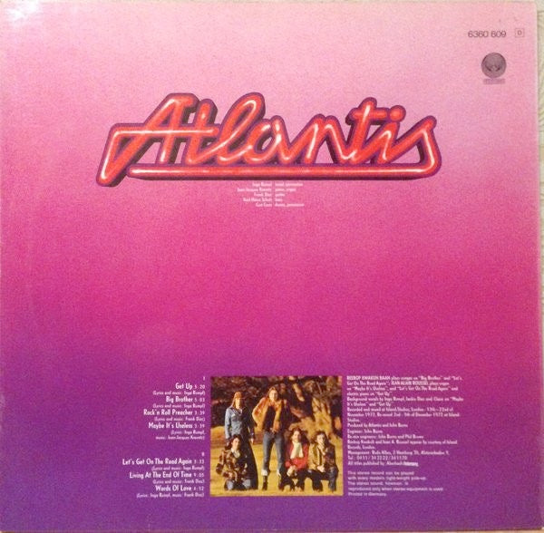 Image of Back Cover of 3744031S: LP - ATLANTIS , Atlantis (Vertigo ; 6360 609, UK 1973, Laminated Sleeve, Vertigo Inner) Cover is taped a top and bottom seams, dirt and sticker residue on cover. Inner is split. Mainly hairlines on disc.  G/G