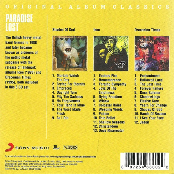 Image of Back Cover of 3xCD - VG+/VG+ - PARADISE LOST, Original Album Classics (Sony Music; 88725466802, Europe 2012, Slipcase), ,  - 3216227C