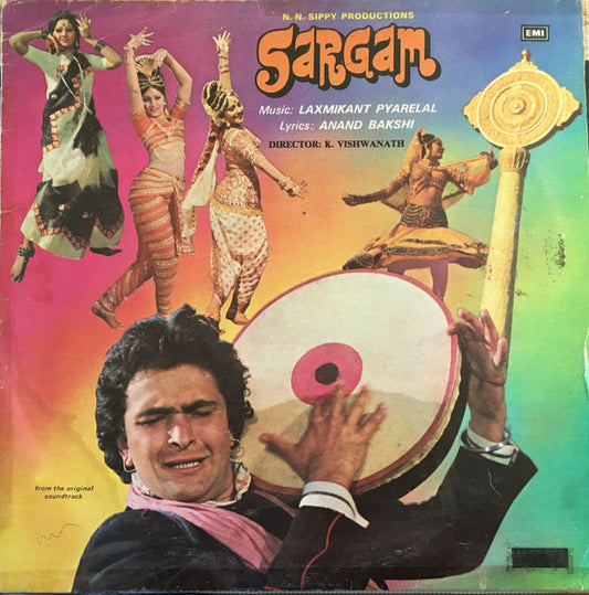 Image of Front Cover of LP - VG/VG - LAXMIKANT PYARELAL & ANAND BAKSHI, Sargam (His Master's Voice ; C680 2026, India 1979), Variation - matches discogs matrix codes but has PEALP 2026 cat no. on sleeve and labels.  Some creasing and bend in sleeve, sticker on front.,  - 1226398E