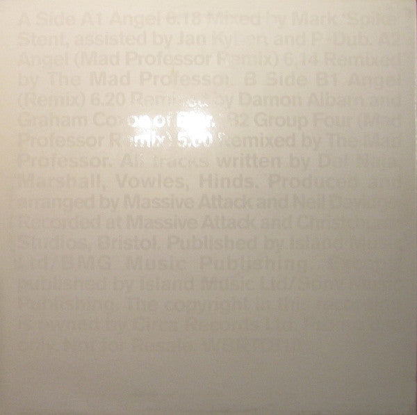 Image of Back Cover of 4925030E: 12" - MASSIVE ATTACK, Angel (Original/Blur remix/Mad Professor remix) (Wild Bunch Records  ; WBRTDJ10, UK 1998, Promo, Spot Varnish Printed Outer Sleeve) A couple of light hairlines. Sleeve has seam split on spine, discolouration, creases.  G+/VG+