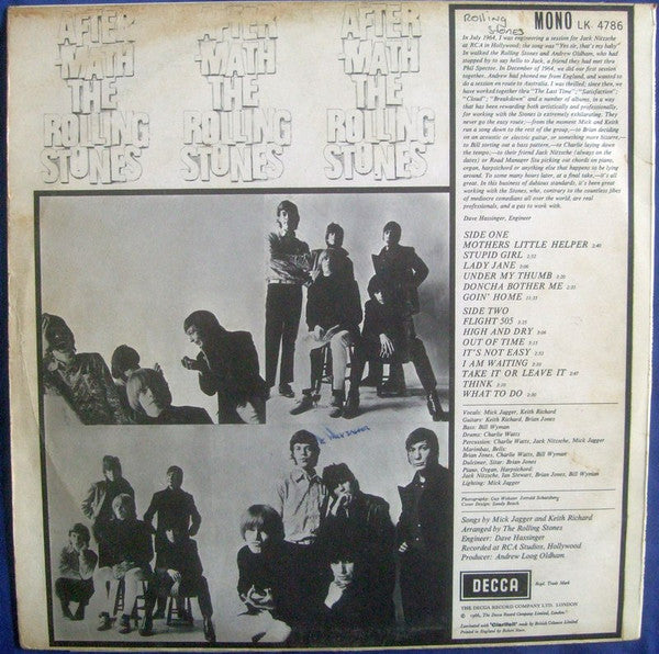 Image of Back Cover of LP - G+/G+ - THE ROLLING STONES, Aftermath (Decca Red Unboxed; LK 4786, UK 1966, Laminated Front Sleeve, No Shadow, Mono, 3 Boxed Rights Societies in Horizontal Row, Mirage Below), Visually a VG, plays like a G+. Hairlines and slight fogging. Stamp on back of sleeve, heavy staining and yellowing, creasing., xarl 7210 4a/1b...no shadow...unboxed...miarge under BIEM box - 1746148S