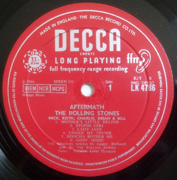 Image of Label Cover of LP - G+/G+ - THE ROLLING STONES, Aftermath (Decca Red Unboxed; LK 4786, UK 1966, Laminated Front Sleeve, No Shadow, Mono, 3 Boxed Rights Societies in Horizontal Row, Mirage Below), Visually a VG, plays like a G+. Hairlines and slight fogging. Stamp on back of sleeve, heavy staining and yellowing, creasing., xarl 7210 4a/1b...no shadow...unboxed...miarge under BIEM box - 1746148S